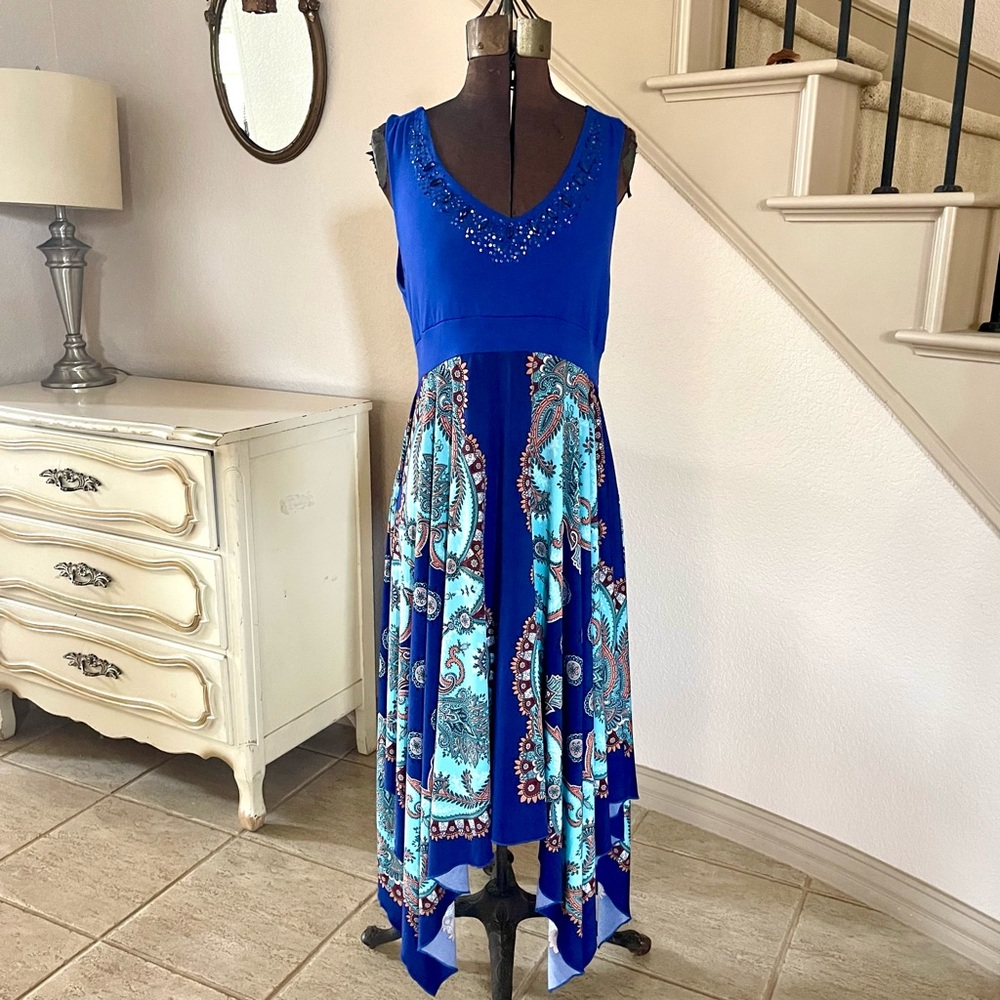 Reba Blue Handkerchief Midi Dress Womens Size L V-neck Jeweled Embellished Rodeo